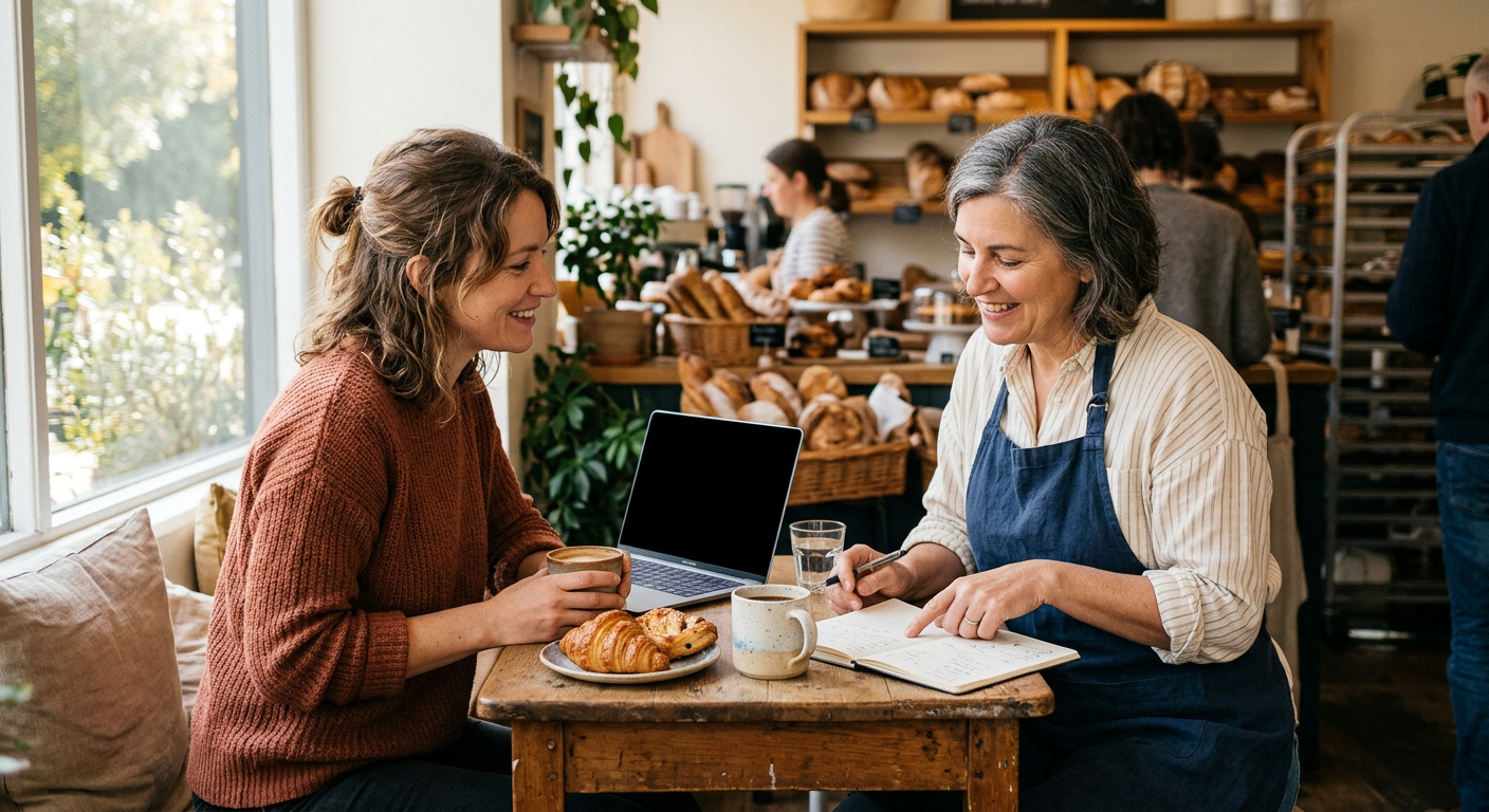 Two people at a small wooden table in a bakery, one with a laptop, the other with an order notebook. An AI-generated illustration.